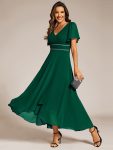 Double V-Neck Waist Trimmed Chiffon Mother of the Bride Dress – Dark Green