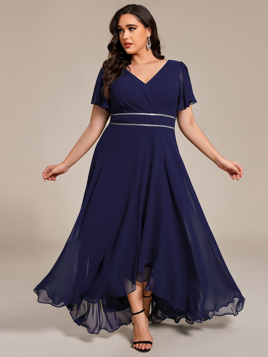 Double V-Neck Waist Trimmed Chiffon Mother of the Bride Dress - Navy Blue Double V-Neck Waist Trimmed Chiffon Mother of the Bride Dress - Navy Blue