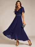 Double V-Neck Waist Trimmed Chiffon Mother of the Bride Dress – Navy Blue