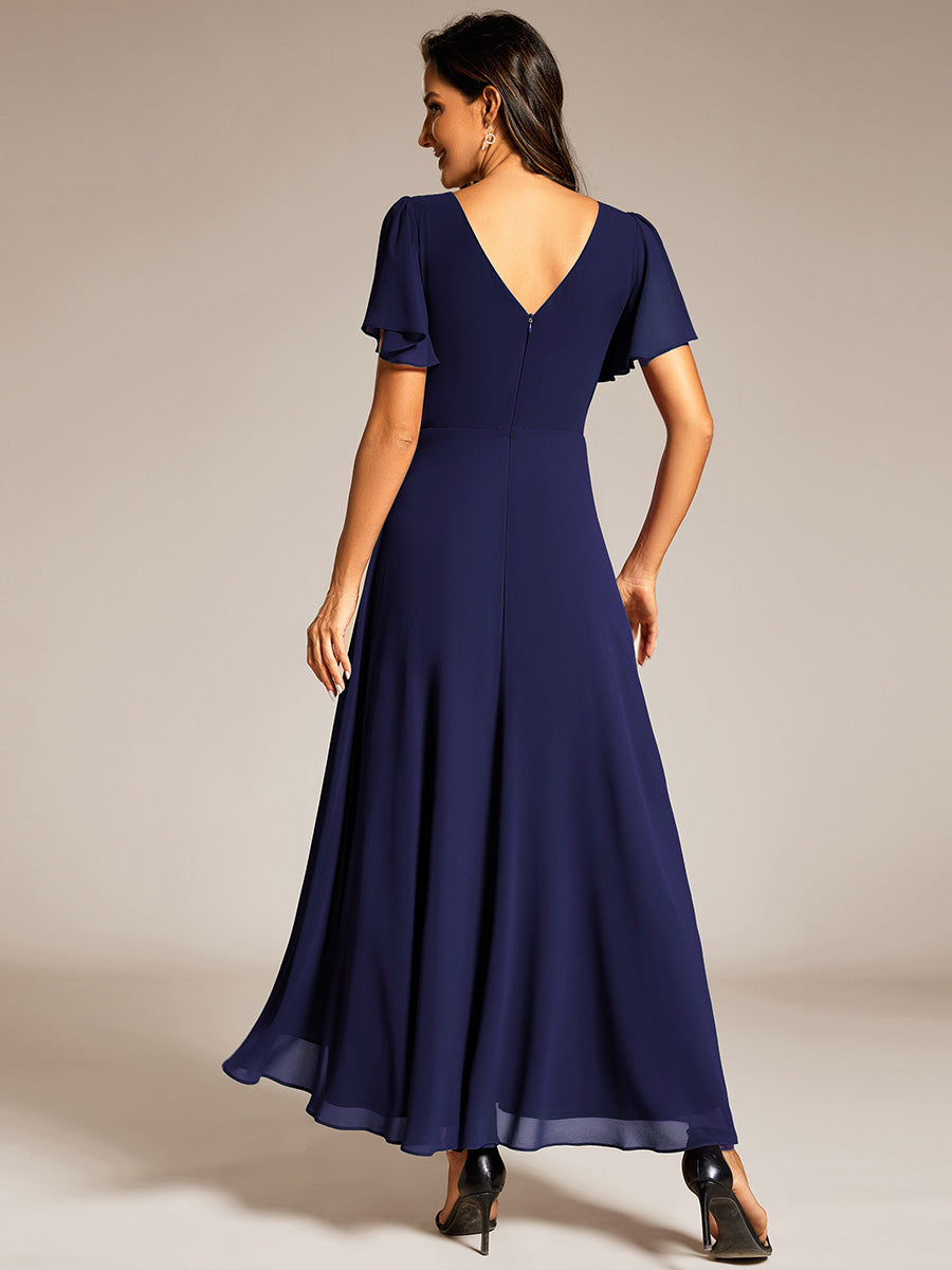 Double V-Neck Waist Trimmed Chiffon Mother of the Bride Dress - Navy Blue Double V-Neck Waist Trimmed Chiffon Mother of the Bride Dress - Navy Blue