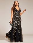 Women’s Double V-Neck Fishtail Sequin Evening Dress – Black & Gold