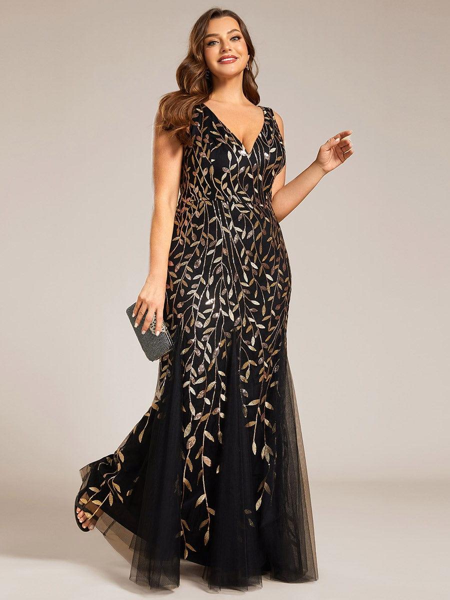 Women's Double V-Neck Fishtail Sequin Evening Dress - Black & Gold Women's Double V-Neck Fishtail Sequin Evening Dress - Black & Gold