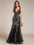 Women's Double V-Neck Fishtail Sequin Evening Dress - Black & Gold