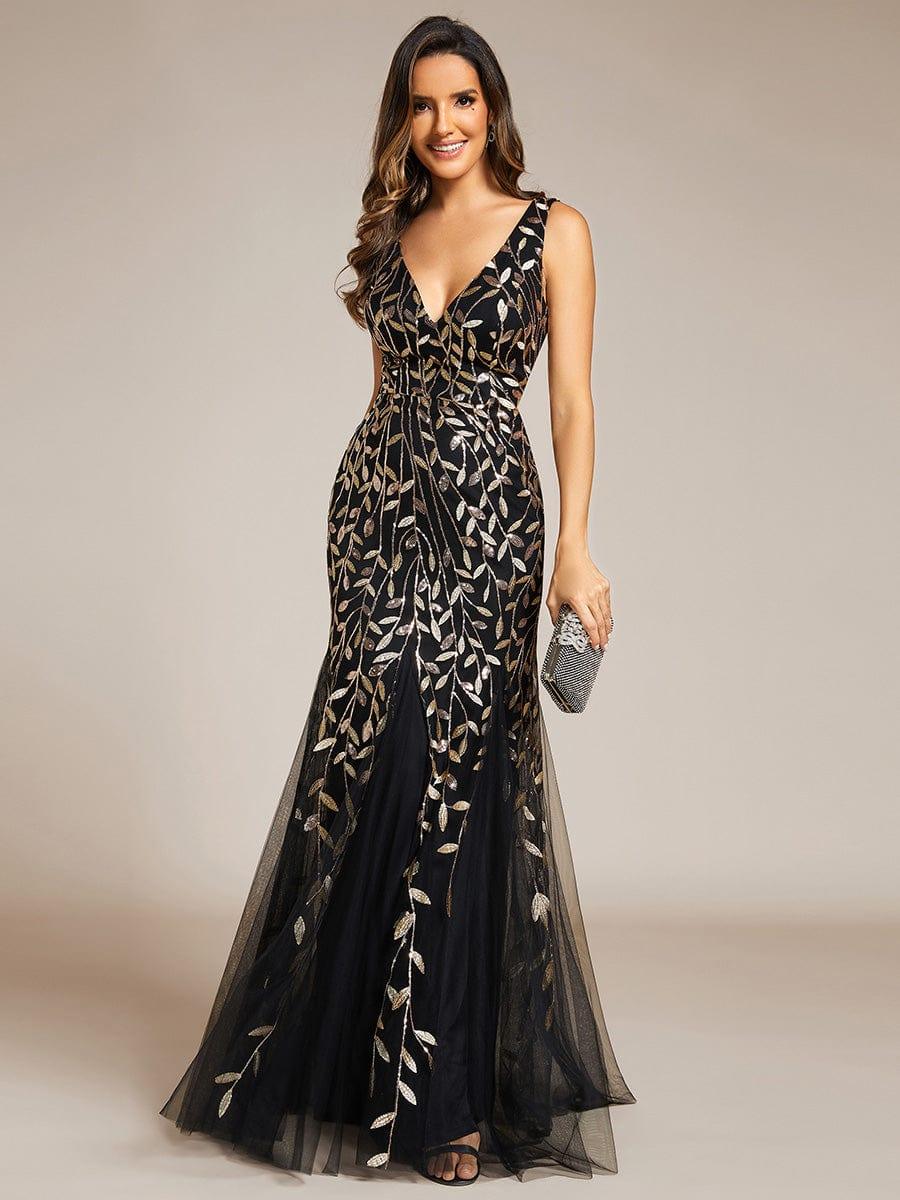 Women's Double V-Neck Fishtail Sequin Evening Dress - Black & Gold Women's Double V-Neck Fishtail Sequin Evening Dress - Black & Gold