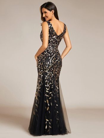 Women's Double V-Neck Fishtail Sequin Evening Dress - Black & Gold