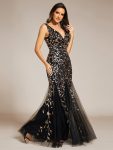 Women’s Double V-Neck Fishtail Sequin Evening Dress – Black & Gold