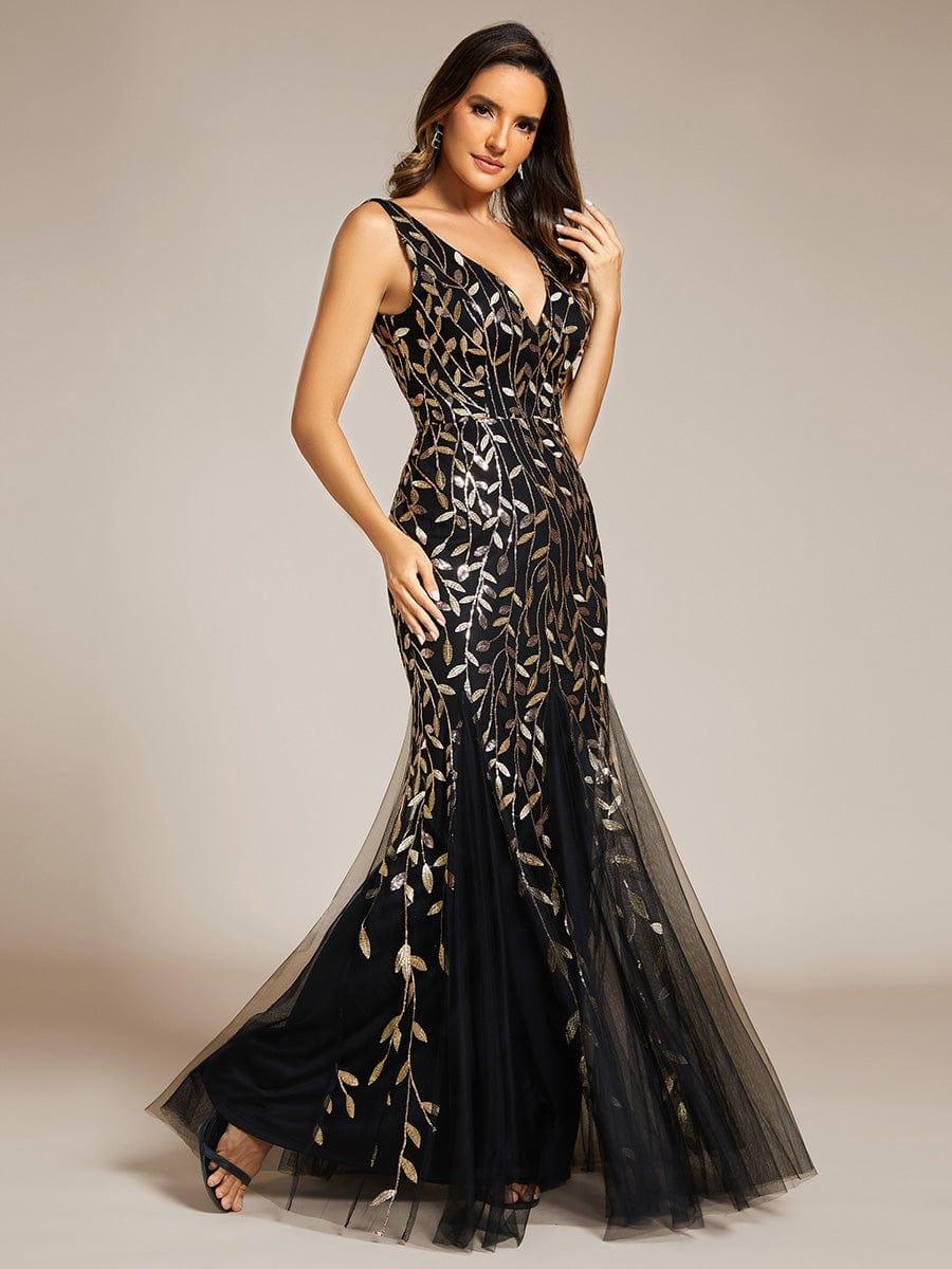 Women's Double V-Neck Fishtail Sequin Evening Dress - Black & Gold Women's Double V-Neck Fishtail Sequin Evening Dress - Black & Gold
