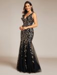 Women’s Double V-Neck Fishtail Sequin Evening Dress – Black & Gold