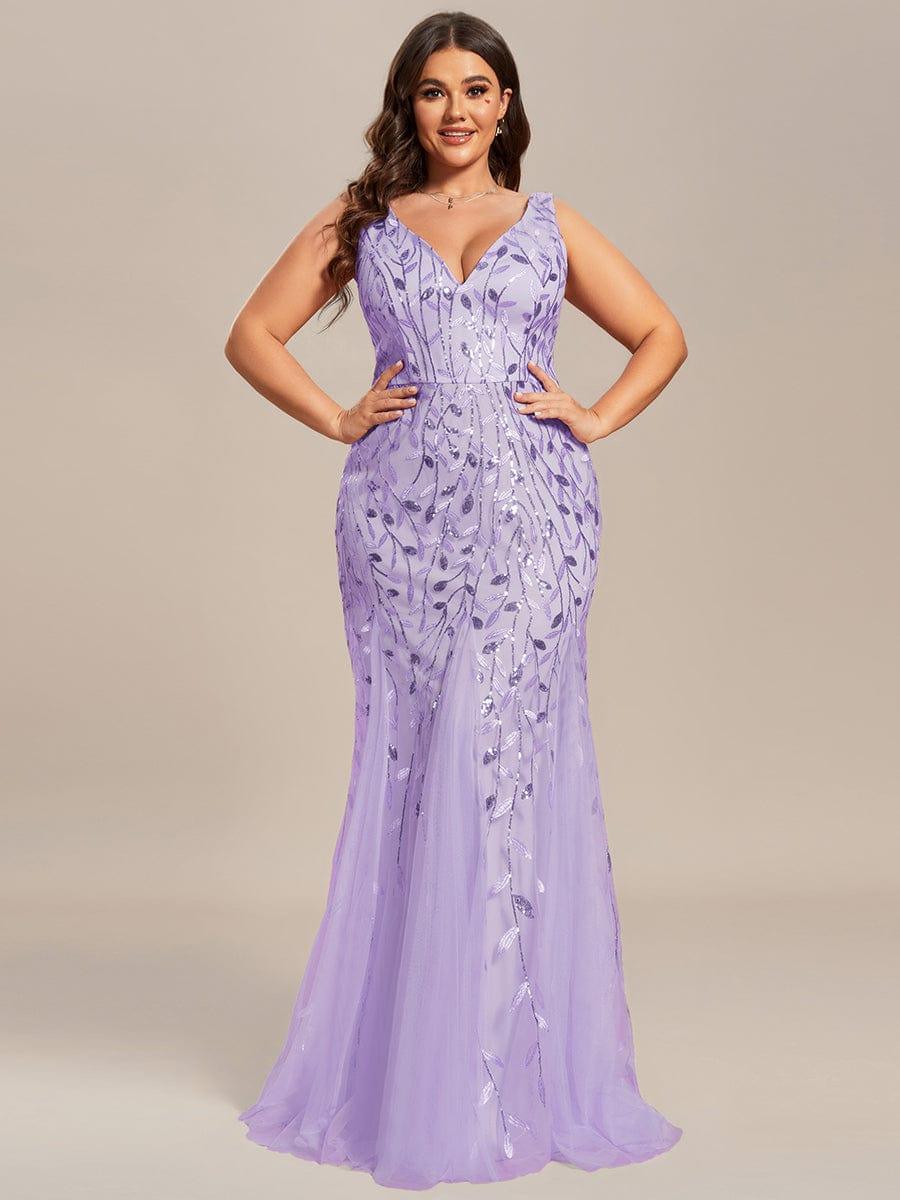 Women's Double V-Neck Fishtail Sequin Evening Dress - Lavender Women's Double V-Neck Fishtail Sequin Evening Dress - Lavender