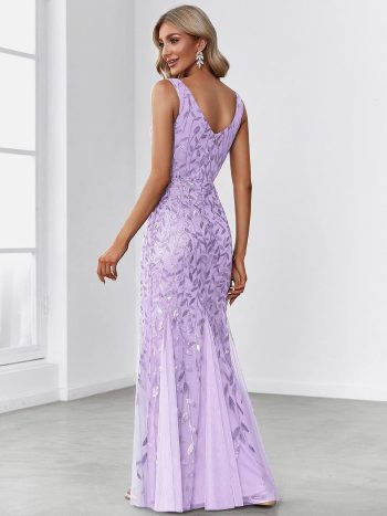 Women's Double V-Neck Fishtail Sequin Evening Dress - Lavender
