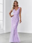 Women's Double V-Neck Fishtail Sequin Evening Dress - Lavender