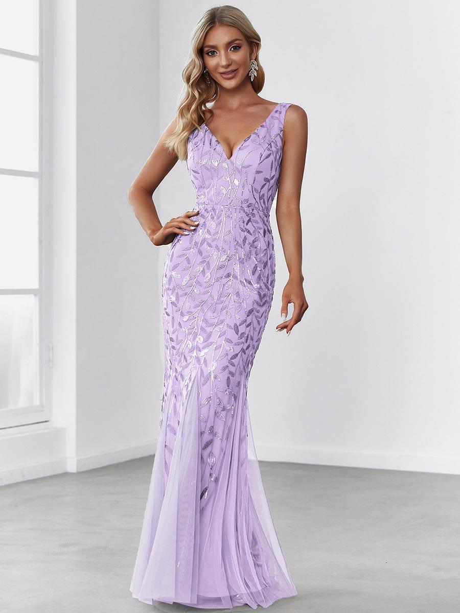 Women's Double V-Neck Fishtail Sequin Evening Dress - Lavender Women's Double V-Neck Fishtail Sequin Evening Dress - Lavender
