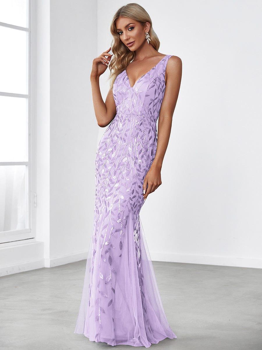 Women's Double V-Neck Fishtail Sequin Evening Dress - Lavender Women's Double V-Neck Fishtail Sequin Evening Dress - Lavender