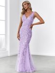 Women’s Double V-Neck Fishtail Sequin Evening Dress – Lavender