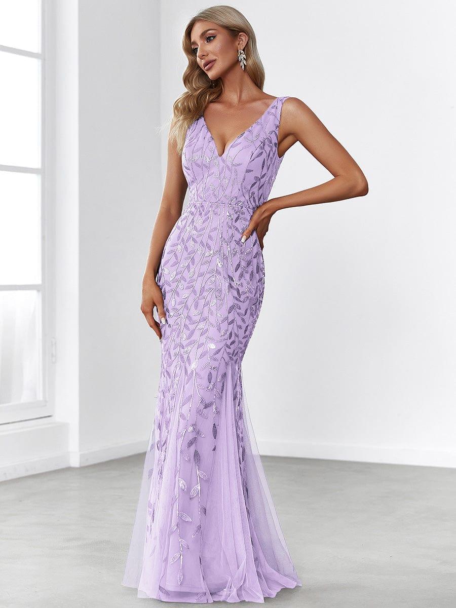 Women's Double V-Neck Fishtail Sequin Evening Dress - Lavender Women's Double V-Neck Fishtail Sequin Evening Dress - Lavender