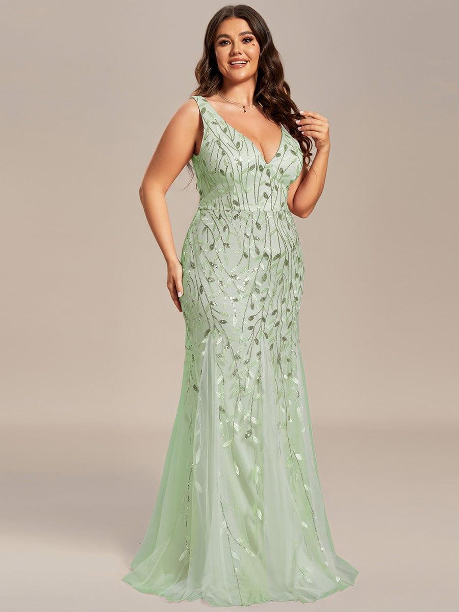 Women's Double V-Neck Fishtail Sequin Evening Dress - Mint Green Women's Double V-Neck Fishtail Sequin Evening Dress - Mint Green