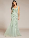Women's Double V-Neck Fishtail Sequin Evening Dress - Mint Green