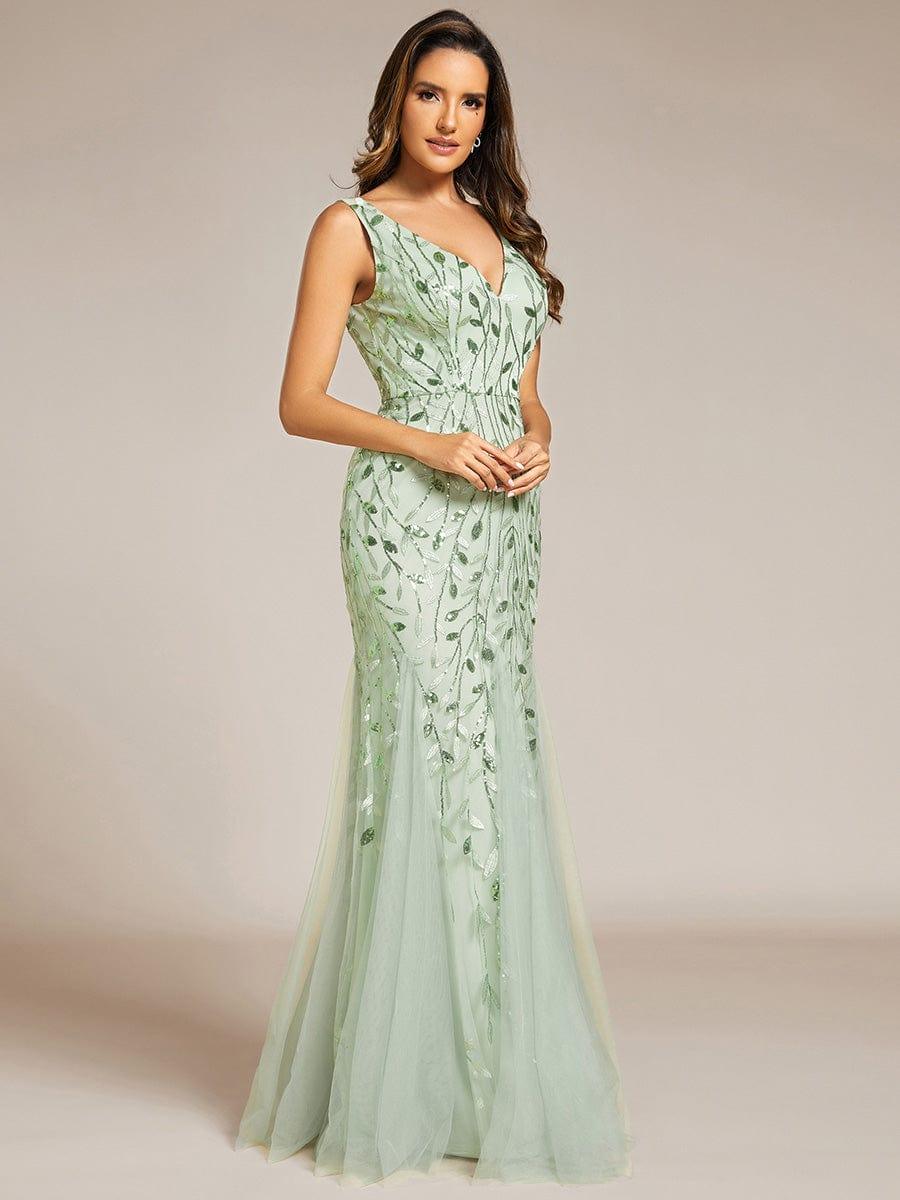 Women's Double V-Neck Fishtail Sequin Evening Dress - Mint Green Women's Double V-Neck Fishtail Sequin Evening Dress - Mint Green
