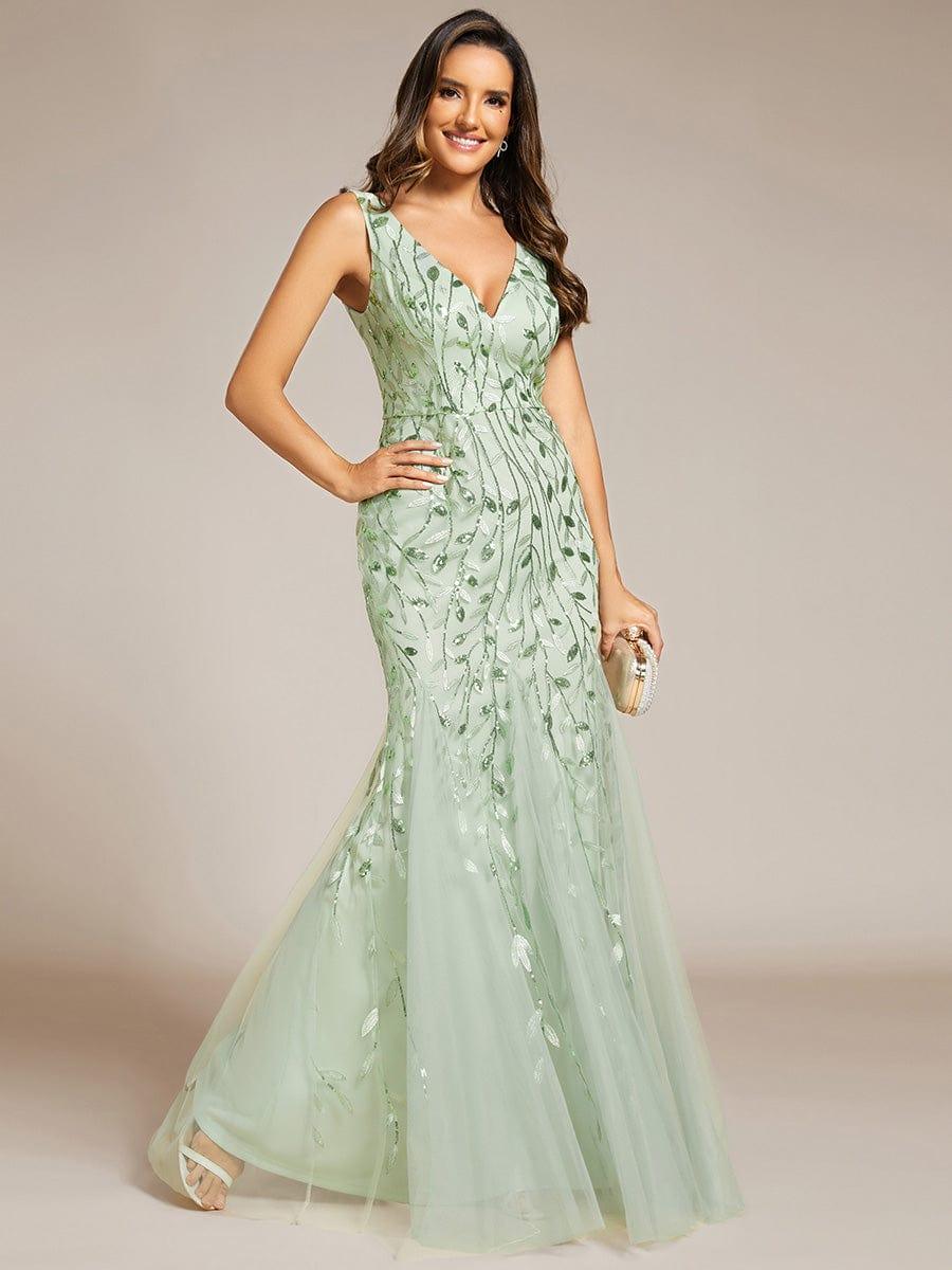 Women's Double V-Neck Fishtail Sequin Evening Dress - Mint Green Women's Double V-Neck Fishtail Sequin Evening Dress - Mint Green