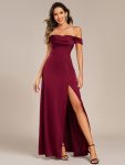 Off Shoulder Short Sleeve Split Back-Tie Satin Bridesmaid Dress – Burgundy