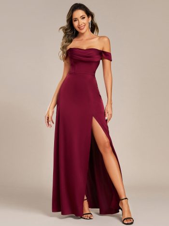 Off Shoulder Short Sleeve Split Back-Tie Satin Bridesmaid Dress - Burgundy