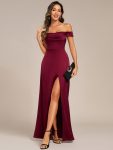 Off Shoulder Short Sleeve Split Back-Tie Satin Bridesmaid Dress – Burgundy