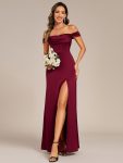 Off Shoulder Short Sleeve Split Back-Tie Satin Bridesmaid Dress – Burgundy