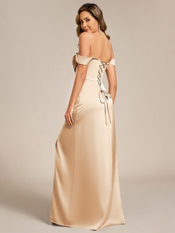 Off Shoulder Short Sleeve Split Back-Tie Satin Bridesmaid Dress - Champagne