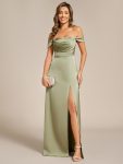 Off Shoulder Short Sleeve Split Back-Tie Satin Bridesmaid Dress – Sage Green
