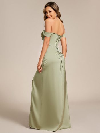 Off Shoulder Short Sleeve Split Back-Tie Satin Bridesmaid Dress - Sage Green