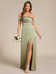 Off Shoulder Short Sleeve Split Back-Tie Satin Bridesmaid Dress - Sage Green