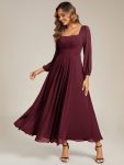 See-through Chiffon Lantern Sleeve Wedding Guest Dress - Burgundy