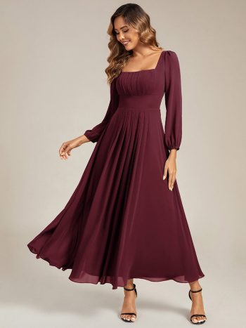 See-through Chiffon Lantern Sleeve Wedding Guest Dress - Burgundy