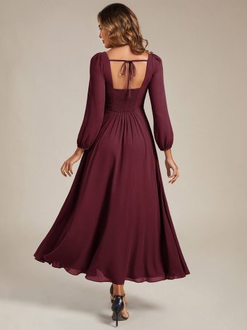 See-through Chiffon Lantern Sleeve Wedding Guest Dress - Burgundy