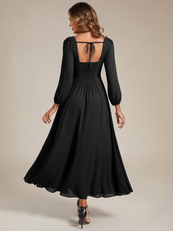See-through Chiffon Lantern Sleeve Wedding Guest Dress - Black