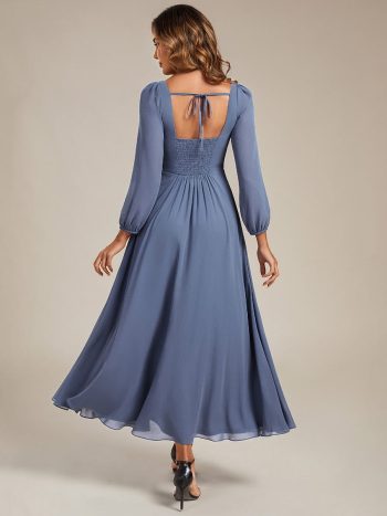 See-through Chiffon Lantern Sleeve Wedding Guest Dress - Dusty Blue