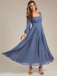 See-through Chiffon Lantern Sleeve Wedding Guest Dress – Dusty Blue