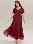 Embroidered Sequin Ruffle Sleeve Evening Dress – Burgundy