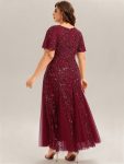 Embroidered Sequin Ruffle Sleeve Evening Dress – Burgundy