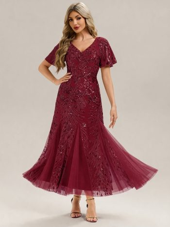 Embroidered Sequin Ruffle Sleeve Evening Dress - Burgundy
