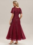 Embroidered Sequin Ruffle Sleeve Evening Dress – Burgundy