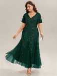 Embroidered Sequin Ruffle Sleeve Evening Dress – Dark Green