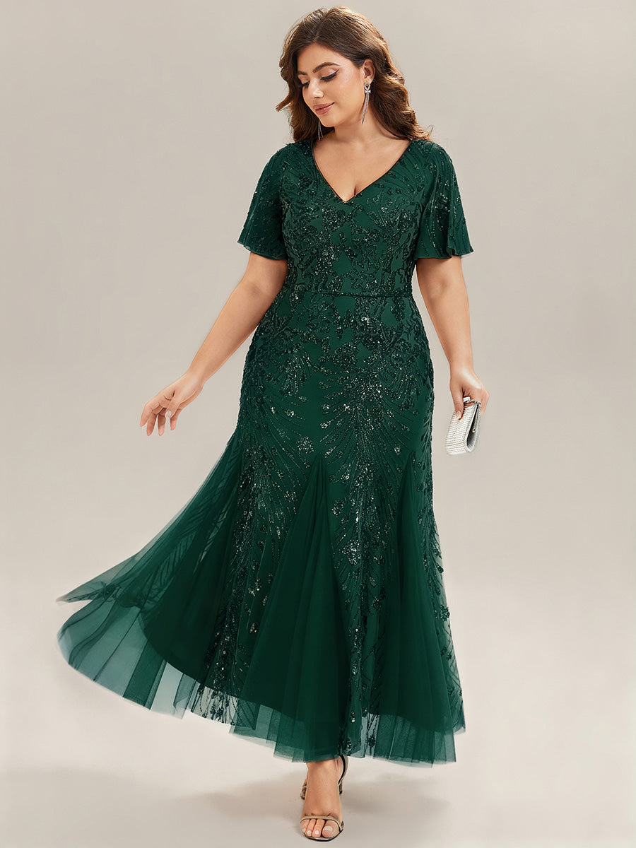 Embroidered Sequin Ruffle Sleeve Evening Dress - Dark Green Embroidered Sequin Ruffle Sleeve Evening Dress - Dark Green
