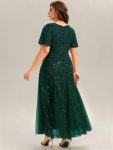 Embroidered Sequin Ruffle Sleeve Evening Dress – Dark Green