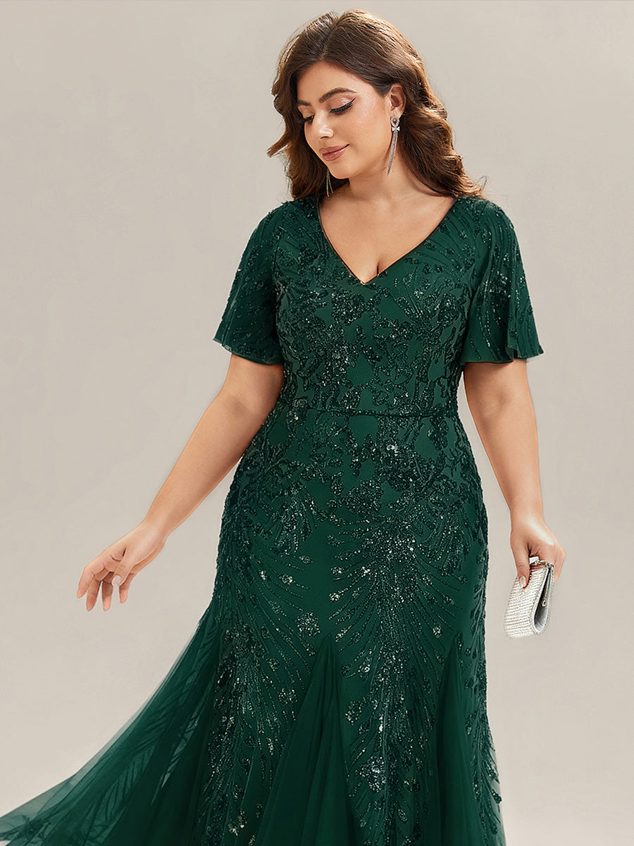 Embroidered Sequin Ruffle Sleeve Evening Dress - Dark Green Embroidered Sequin Ruffle Sleeve Evening Dress - Dark Green