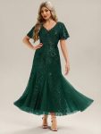 Embroidered Sequin Ruffle Sleeve Evening Dress - Dark Green