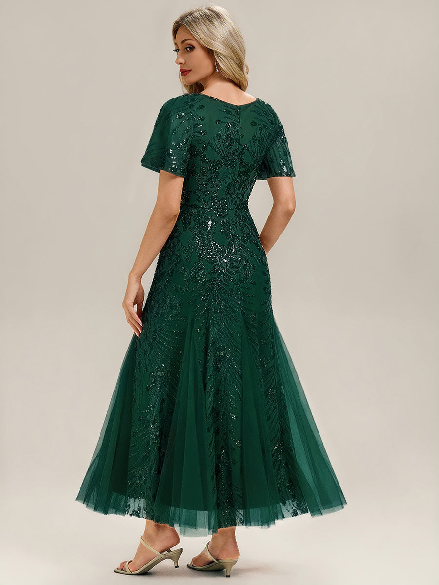 Embroidered Sequin Ruffle Sleeve Evening Dress - Dark Green Embroidered Sequin Ruffle Sleeve Evening Dress - Dark Green