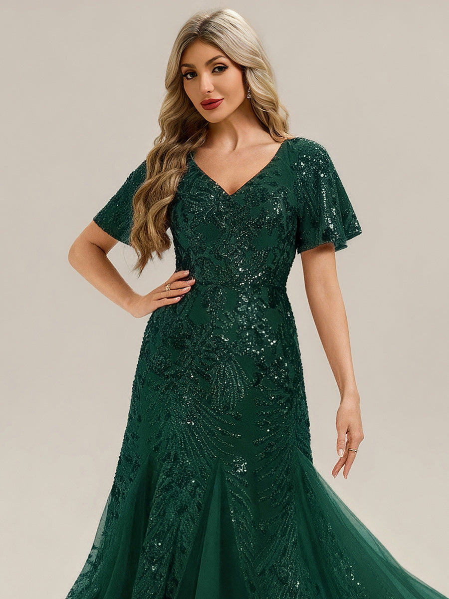 Embroidered Sequin Ruffle Sleeve Evening Dress - Dark Green Embroidered Sequin Ruffle Sleeve Evening Dress - Dark Green