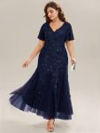 Embroidered Sequin Ruffle Sleeve Evening Dress – Navy Blue