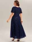 Embroidered Sequin Ruffle Sleeve Evening Dress – Navy Blue